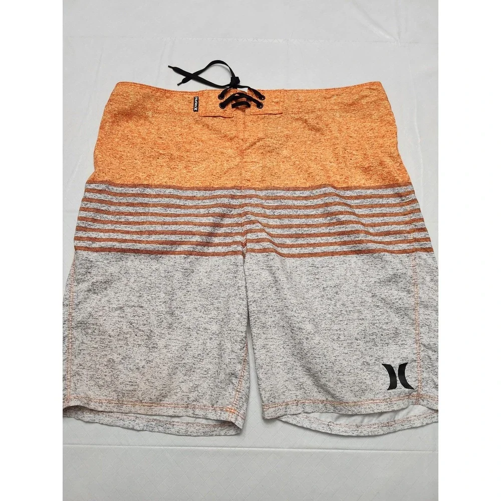 Hurley‎ Board Shorts Mens 36 Orange Striped Swim Trunks Quick Dry Surf Beach